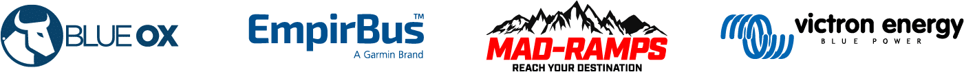 logos of Blue Ox, Empirbus, MAD-RAMPS and Victron Energy
